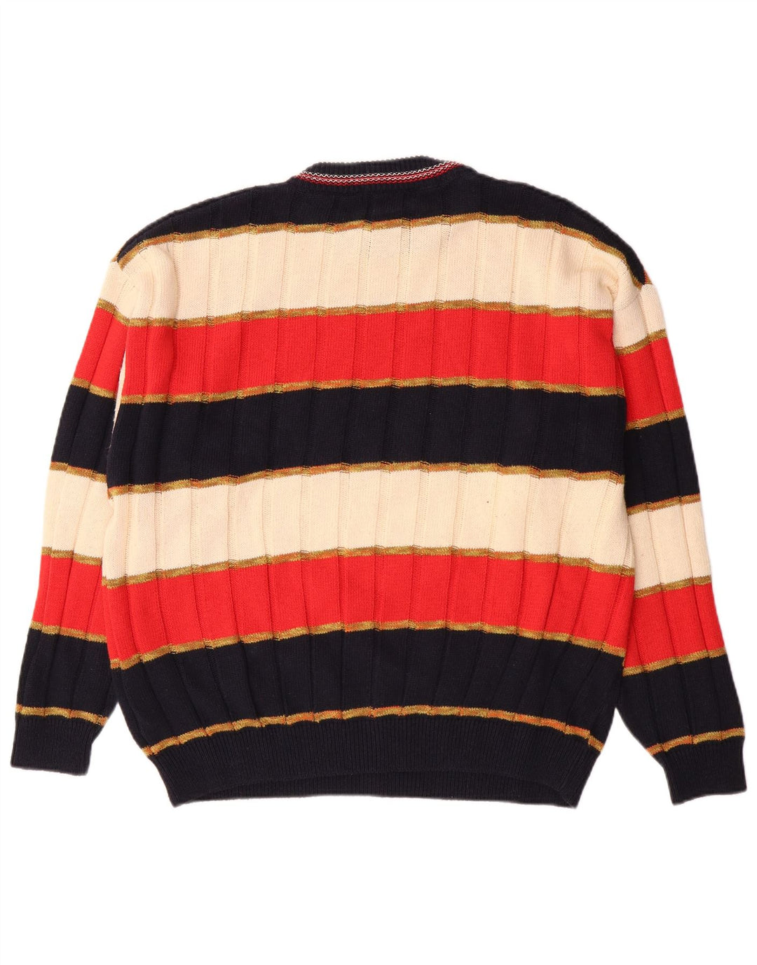 vintage Mens Crew Neck Jumper Pull Grand Coton Rayé Multicolore