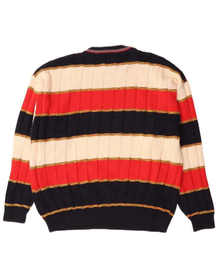vintage Mens Crew Neck Jumper Pull Grand Coton Rayé Multicolore