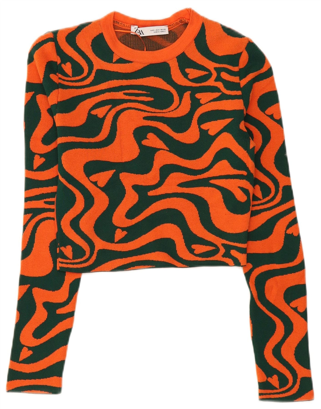 Zara Womens Abstract Pattern Crop Top Manches Longues UK 8 Petit Orange