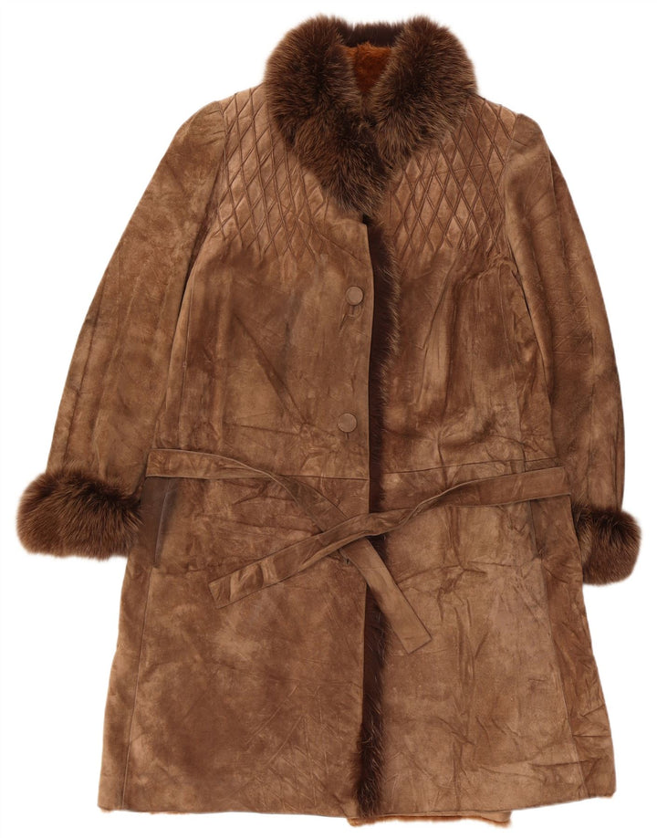 vintage Femmes Sherpa Suède Pardessus UK 14 Brun Moyen