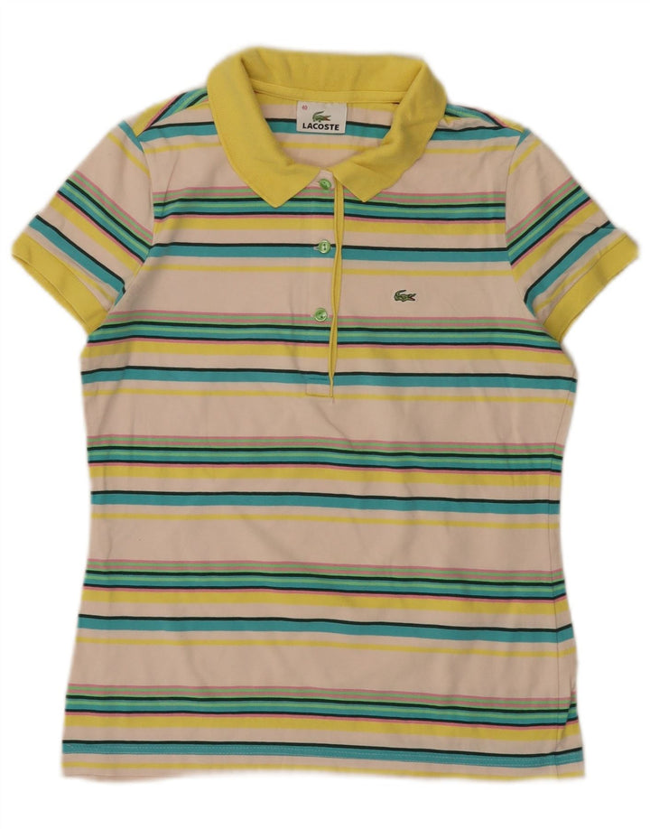 LACOSTE Polo Femme Taille 40 Moyen Off White Rayé Coton