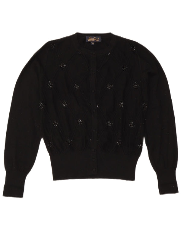 Luisa Spagnoli Pull Cardigan Femme UK 14 Laine Géométrique Noir Moyen