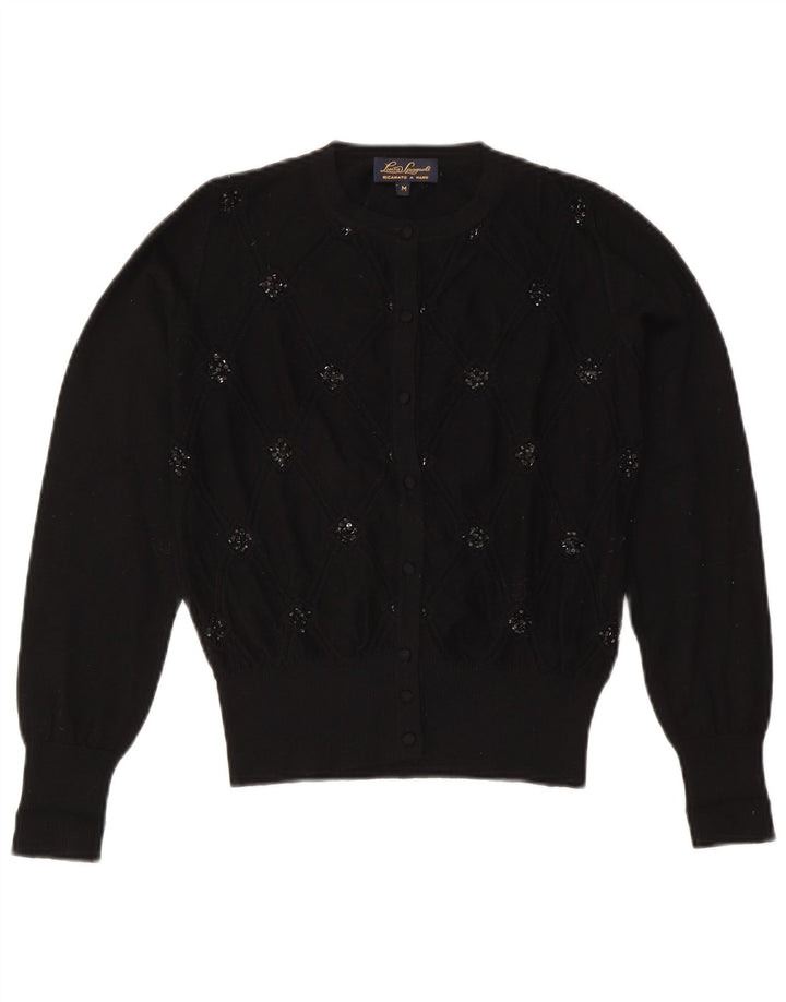 Luisa Spagnoli Pull Cardigan Femme UK 14 Laine Géométrique Noir Moyen