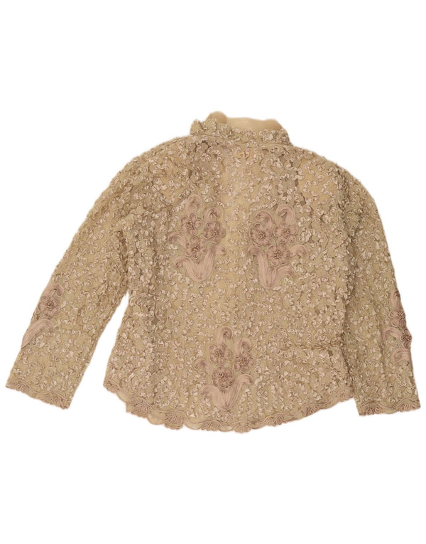 vintage Femme Dentelle Chemise Blouse UK 16 Grande Soie Florale Beige