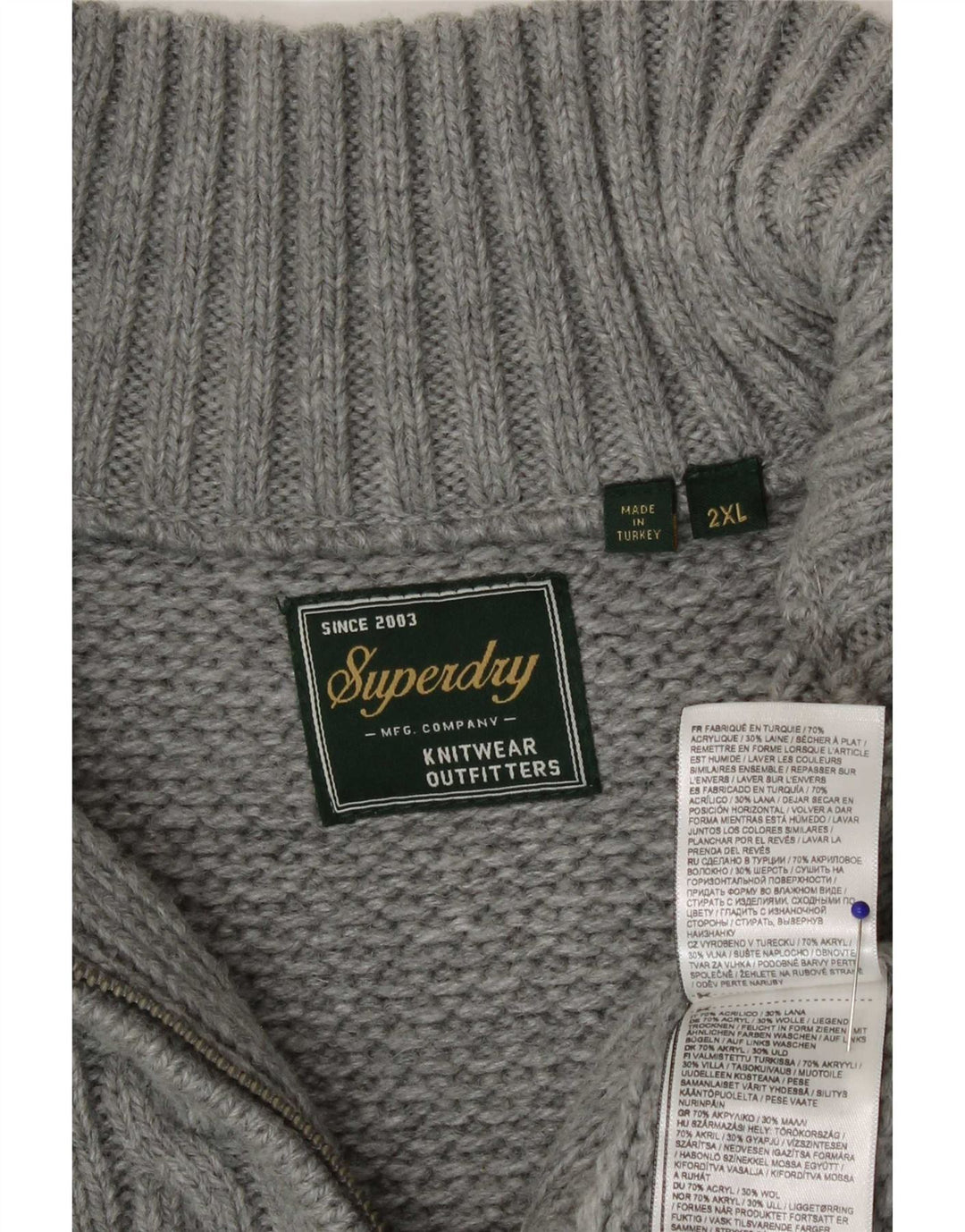 Superdry Pull col zippé pour homme 2XL Gris Acrylique