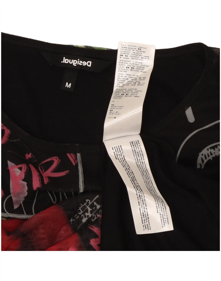 Desigual Femme Graphic T-Shirt Top UK 12 Medium Noir Floral Polyester
