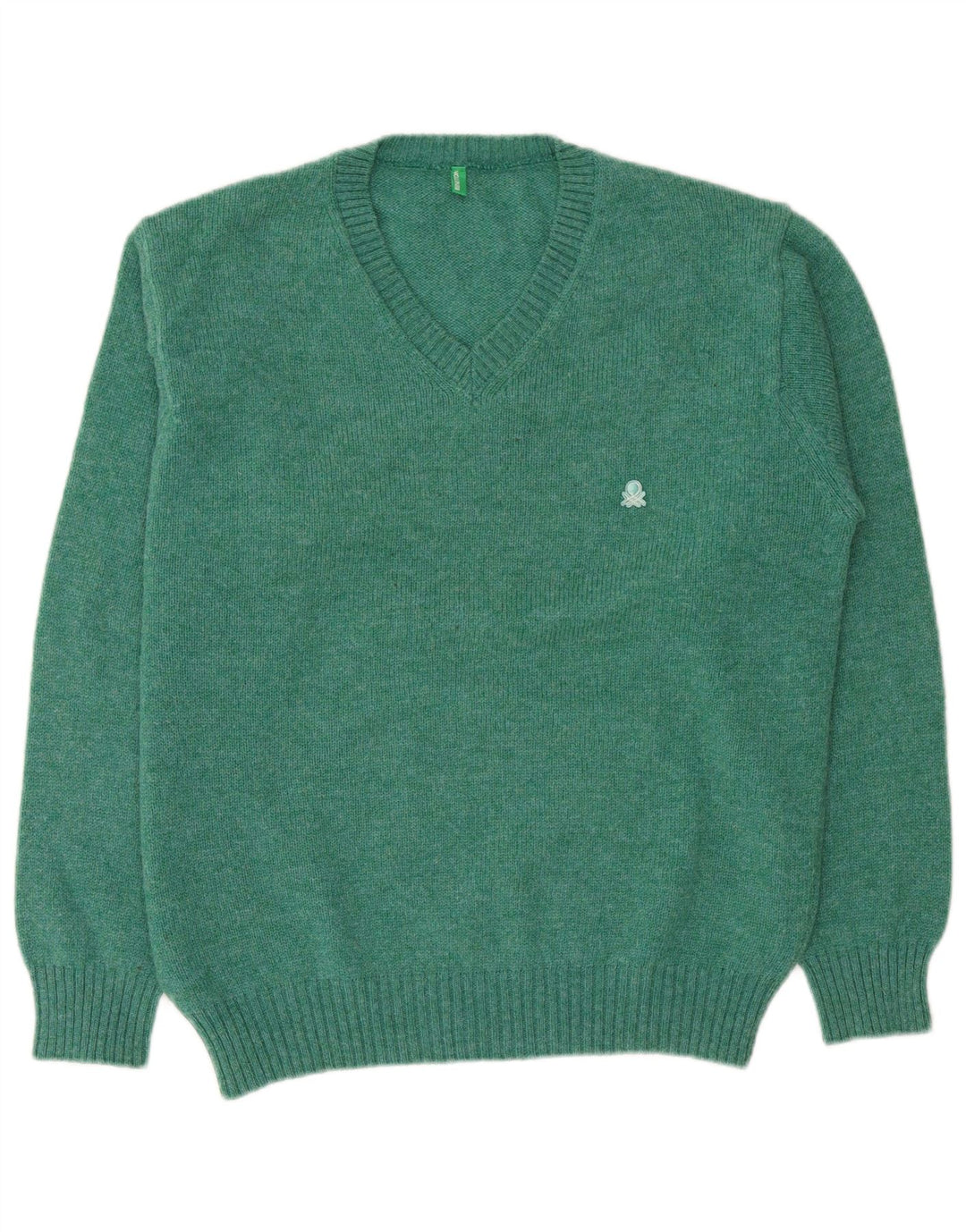 Benetton Pull col V pour homme en laine verte Large