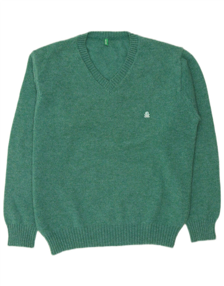 Benetton Pull col V pour homme en laine verte Large