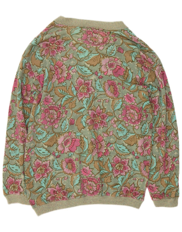 vintage Femme Cardigan Oversize Pull UK 14 Laine Florale Vert Moyen