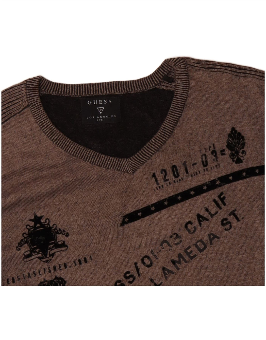 GUESS Pull graphique à col en V pour homme XL Gris