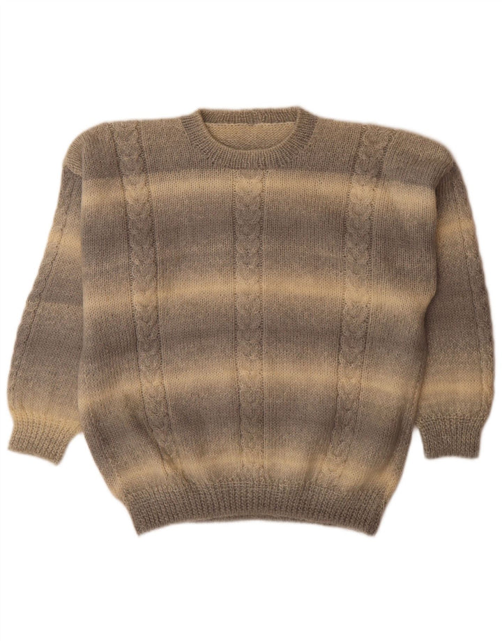 vintage Mens Crew Neck Jumper Pull Grand Gris Rayé