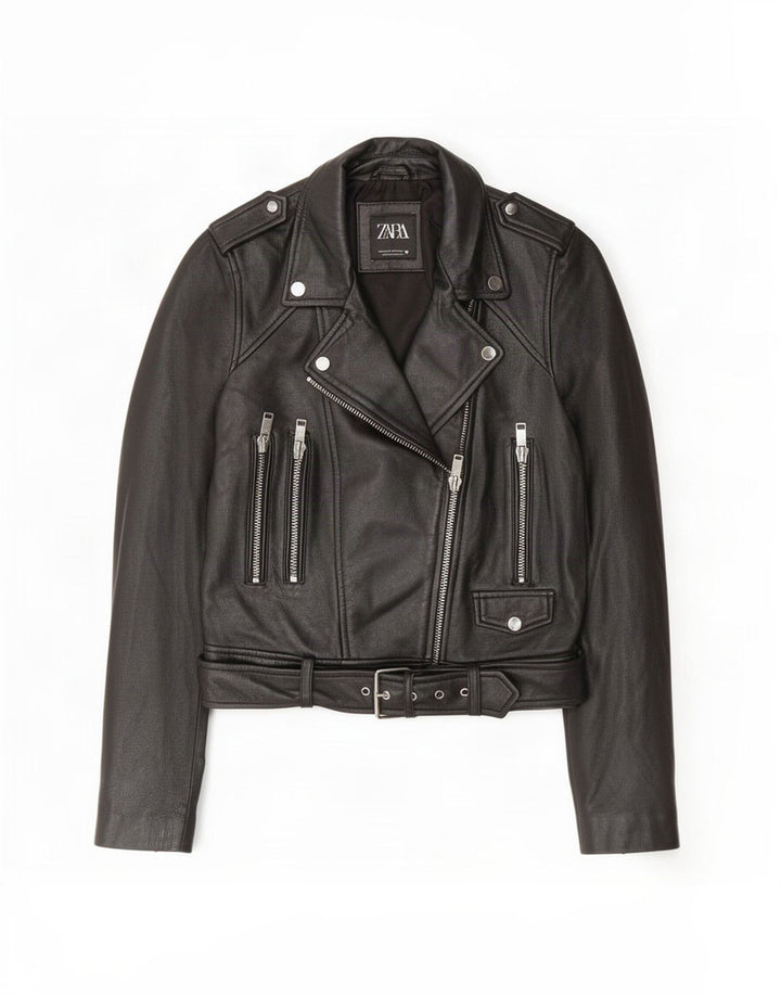 Zara Veste de motard en cuir pour femme UK 12 Medium Noir