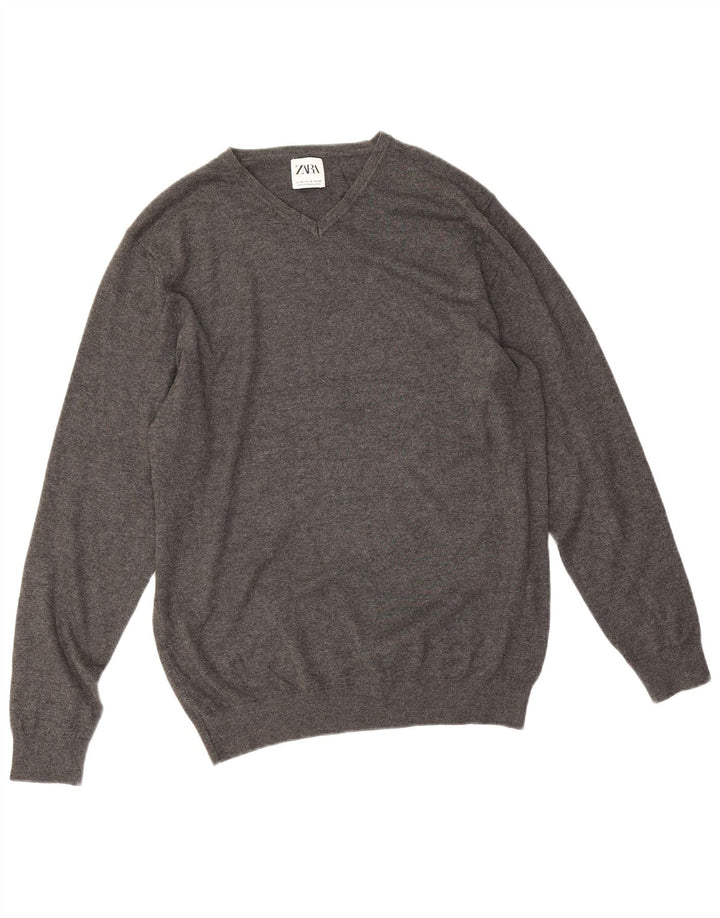 Zara Pull Col V Homme Gris Moyen Viscose