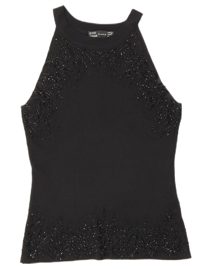 Zara Chemisier sans manches pour femme UK 14 Grande rayonne noire