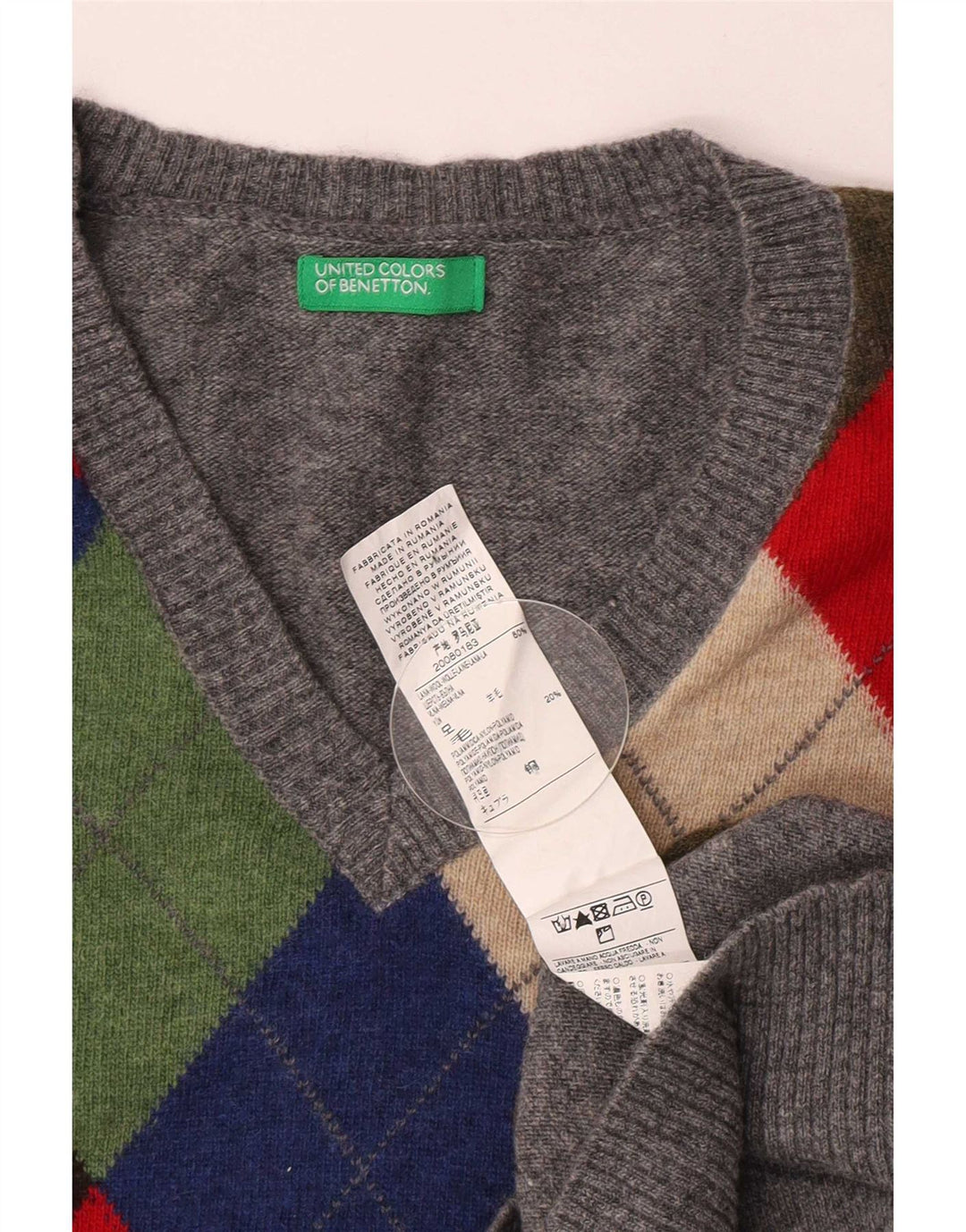 Benetton Pull col V Homme Gris Moyen Argyle/Diamant Laine