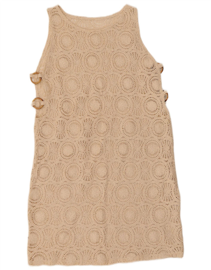 VINTAGE Femmes Crochet Sans Manches Shift Robe UK 10 Petit Coton Beige