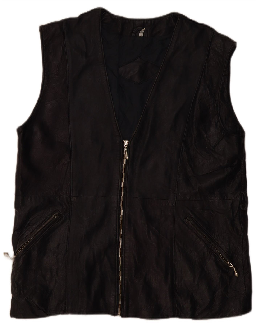 VINTAGE Gilet en cuir femme UK 16 Grand Noir