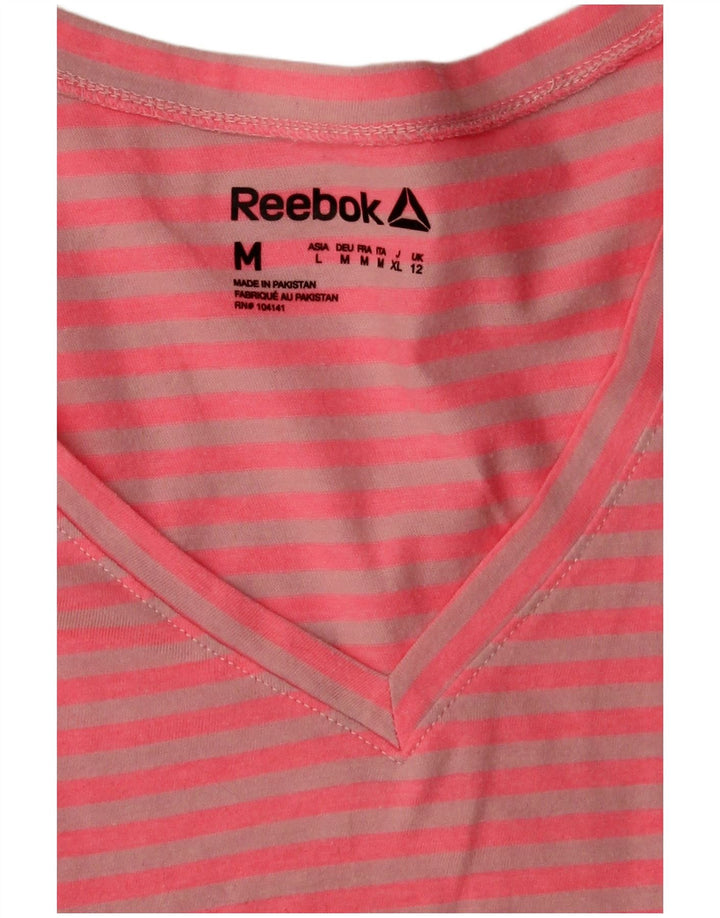 Reebok T-Shirt Femme UK 12 Rose Moyen Rayé Polyester
