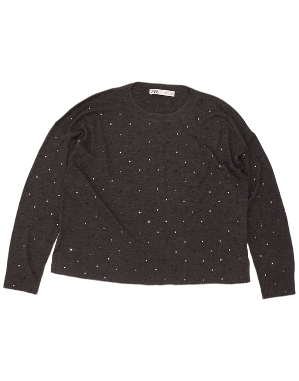 Zara Pull court à col rond pour femme UK 10 Petit gris à pois