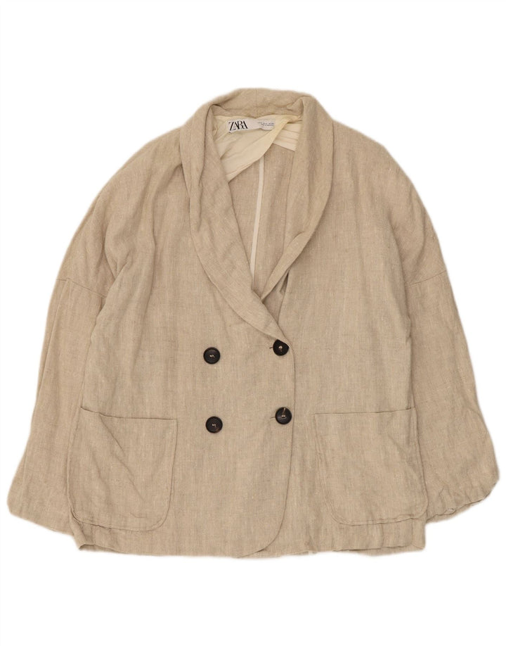Zara Veste blazer surdimensionnée à double boutonnage pour femme UK 10 Petit lin beige