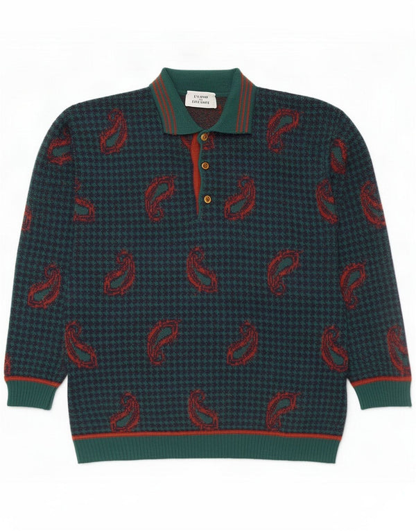 Vintage Mens Polo Neck Jumper Sweater Large Green Paisley