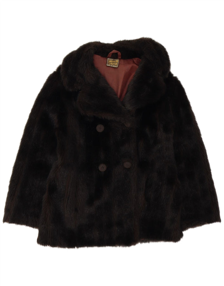 VINTAGE Femme Fausse Fourrure Double Breasted Manteau UK 10 Petit Acrylique Noir
