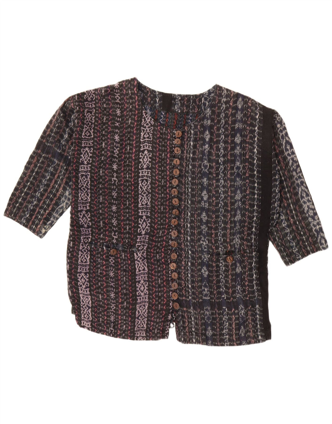 VINTAGE Femmes 3/4 Manches Chemise Blouse UK 18 XL Noir Rayé