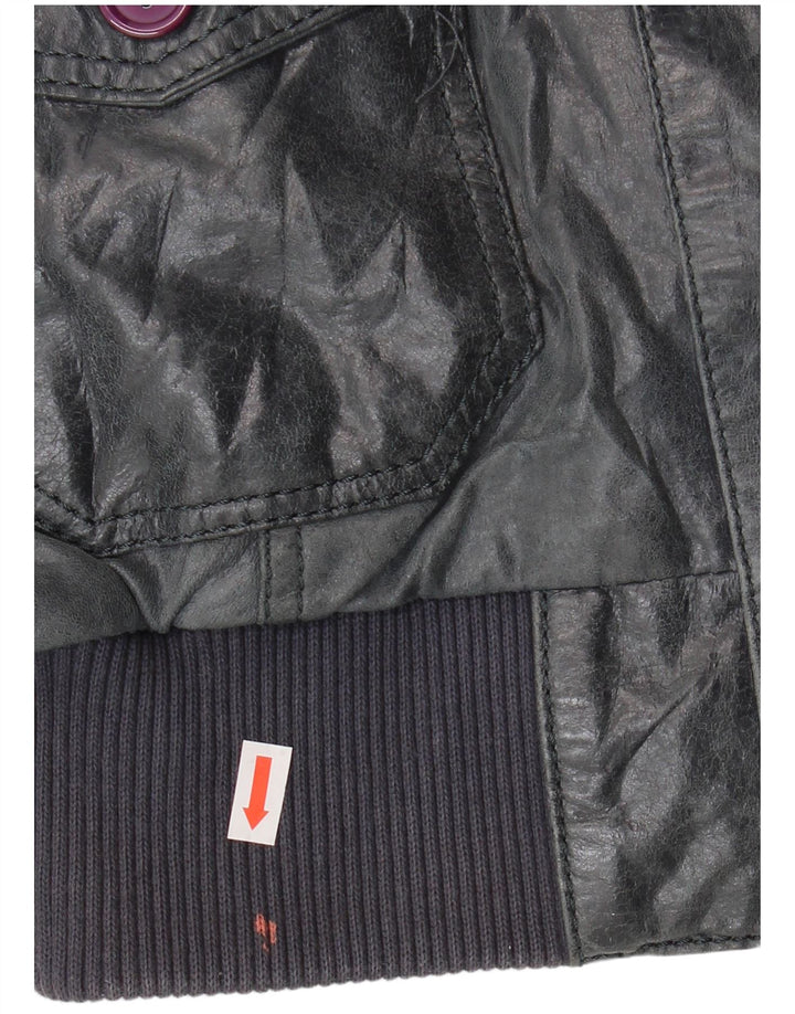 veste en cuir bomber femme vintage IT 46 Grand cuir bleu marine