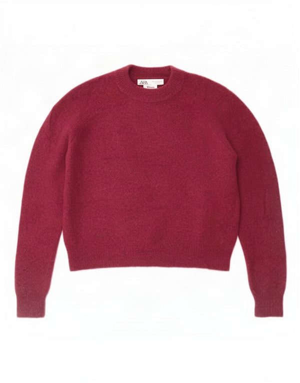 Zara Pull court surdimensionné à col rond pour femme UK 10 Petit Bordeaux