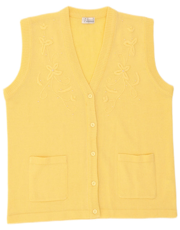 vintage Femmes Sans Manches Cardigan Pull UK 16 Grand Jaune Floral