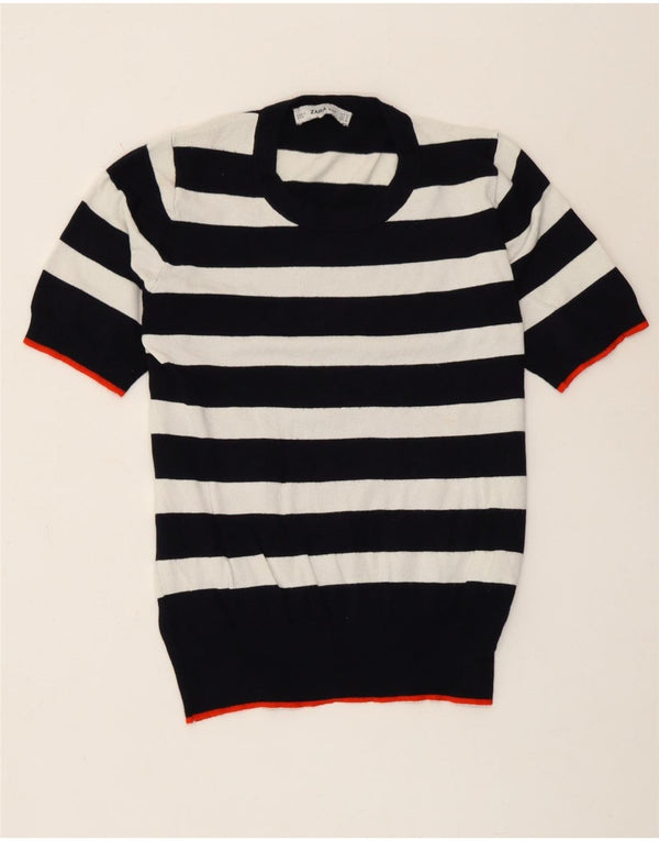 Zara Chemisier à manches courtes pour femme UK 10 Petite viscose rayée blanche
