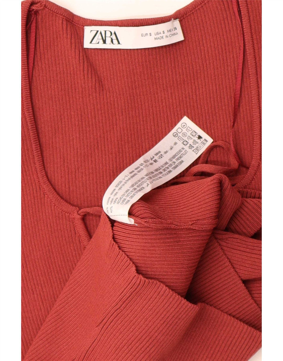 Zara Womens Crop Top Manches Longues UK 8 Small Rouge Viscose
