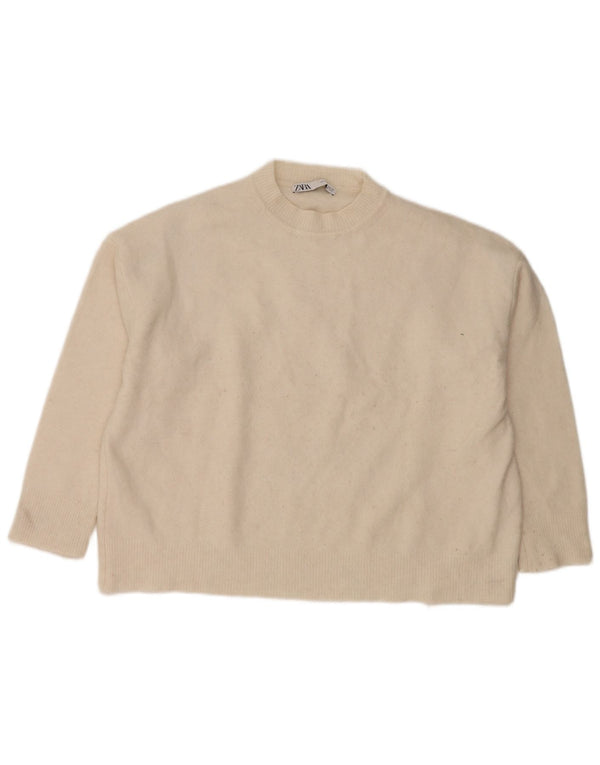 Zara Pull surdimensionné à col rond pour femme UK 10 Petit nylon blanc cassé