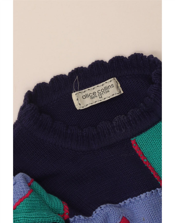 VINTAGE Femme Crew Neck Jumper Pull UK 14 Moyen Bleu Marine Patchwork