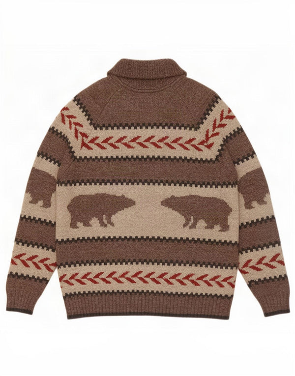 vintage Mens Graphic Cardigan Pull Grand Coton Rayé Marron