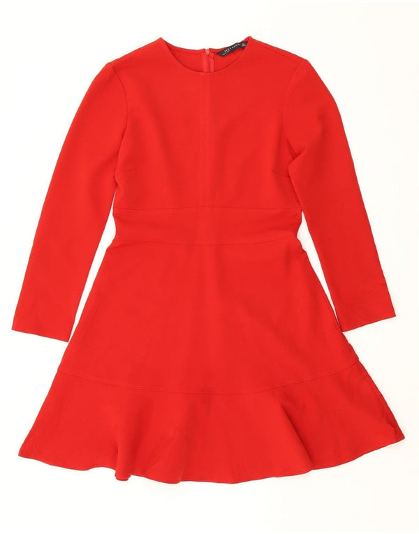 ZARA Robe trapèze à manches longues pour femme UK 12 Polyester rouge moyen