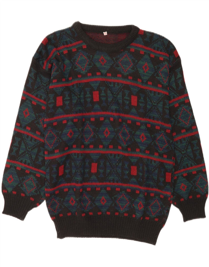 vintage Mens Crew Neck Jumper Pull Moyen Gris Géométrique