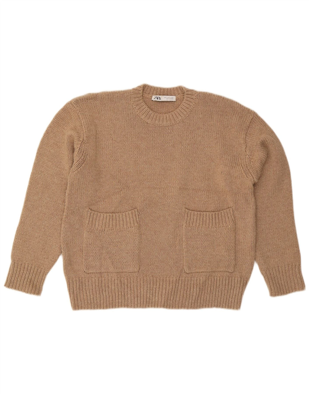Zara Pull surdimensionné à col rond pour femme UK 10 Petit polyester beige