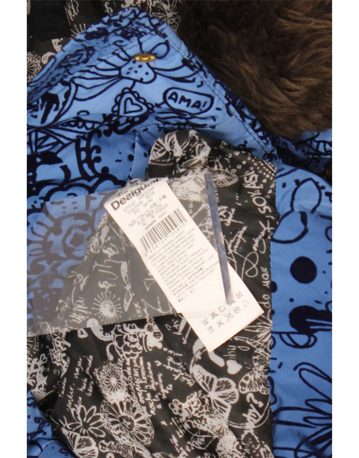 Desigual Manteau rembourré à capuche pour femme EU 40 Bleu moyen Floral Polyester