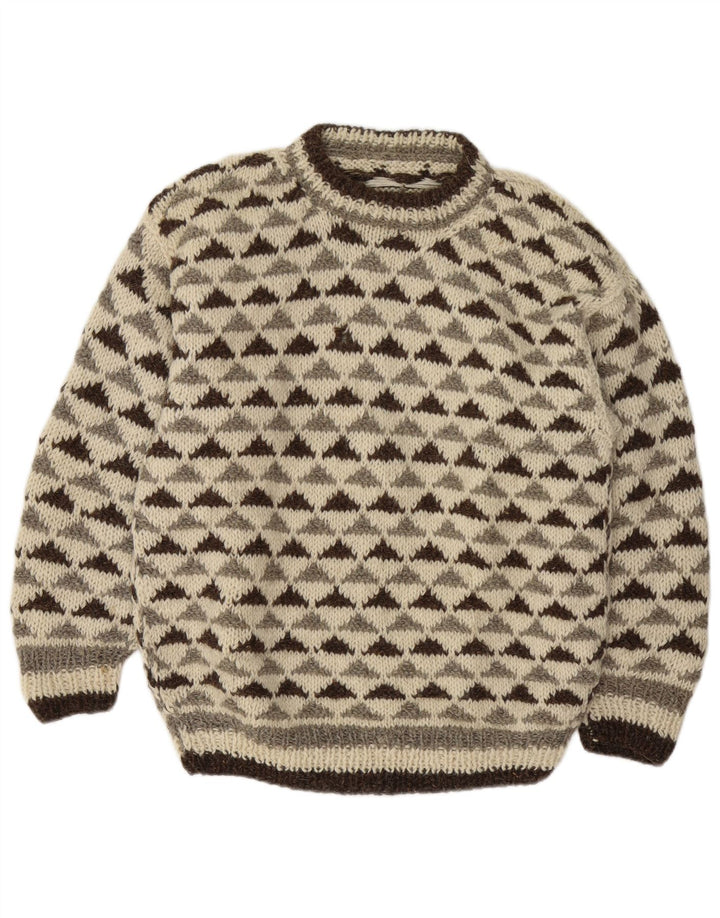 vintage Mens Crew Neck Jumper Pull Moyen Blanc Cassé Géométrique