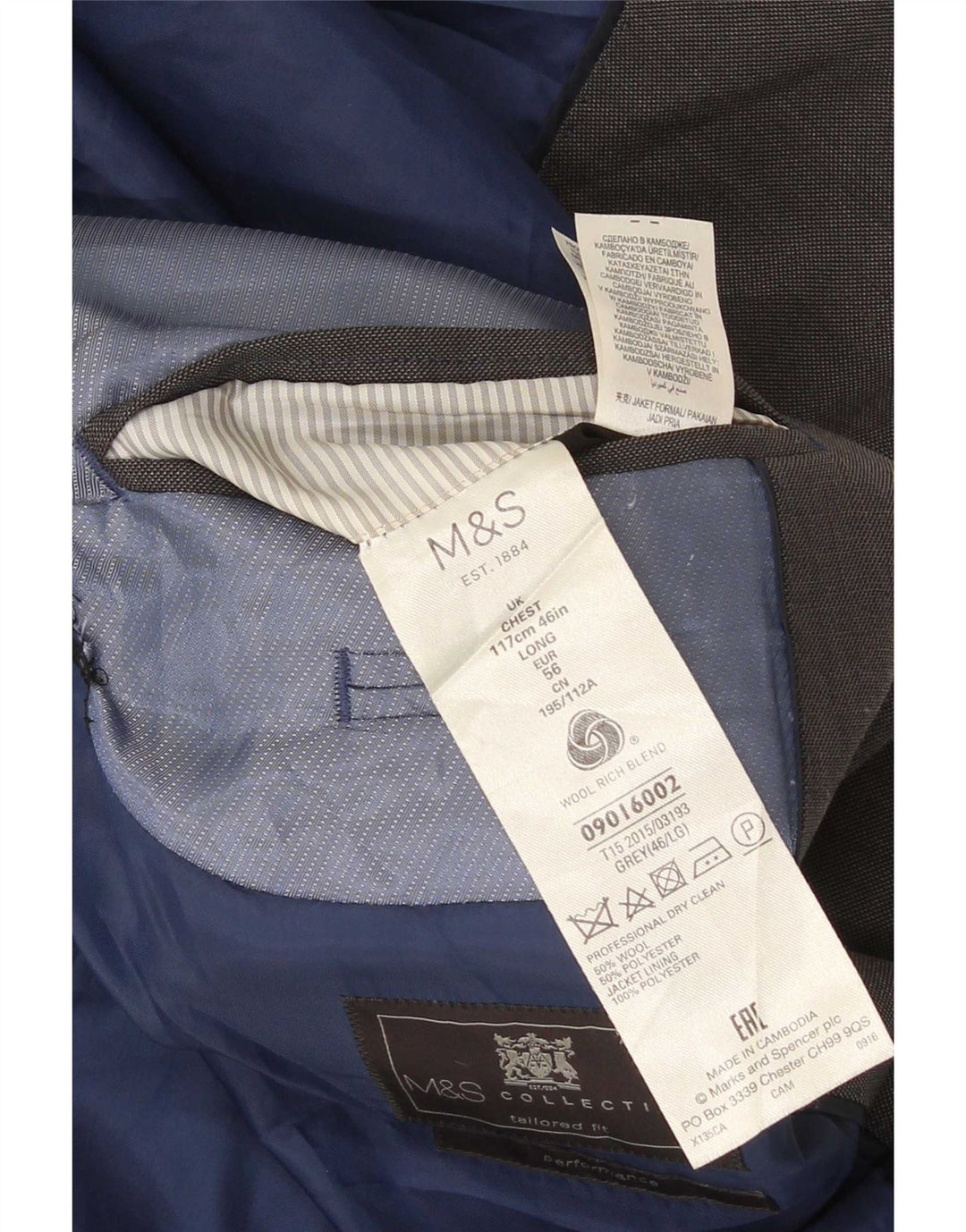 Marks & Spencer Veste blazer à 2 boutons pour homme Coupe ajustée UK 46 XL Laine grise