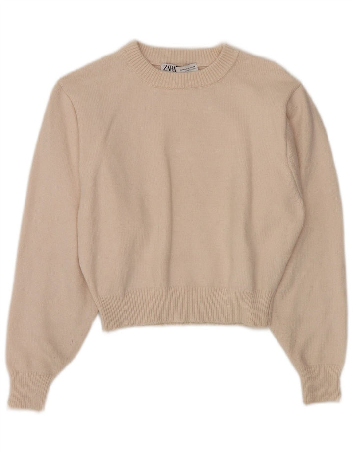 Zara Pull court à col rond pour femme UK 12 Medium Off White Viscose