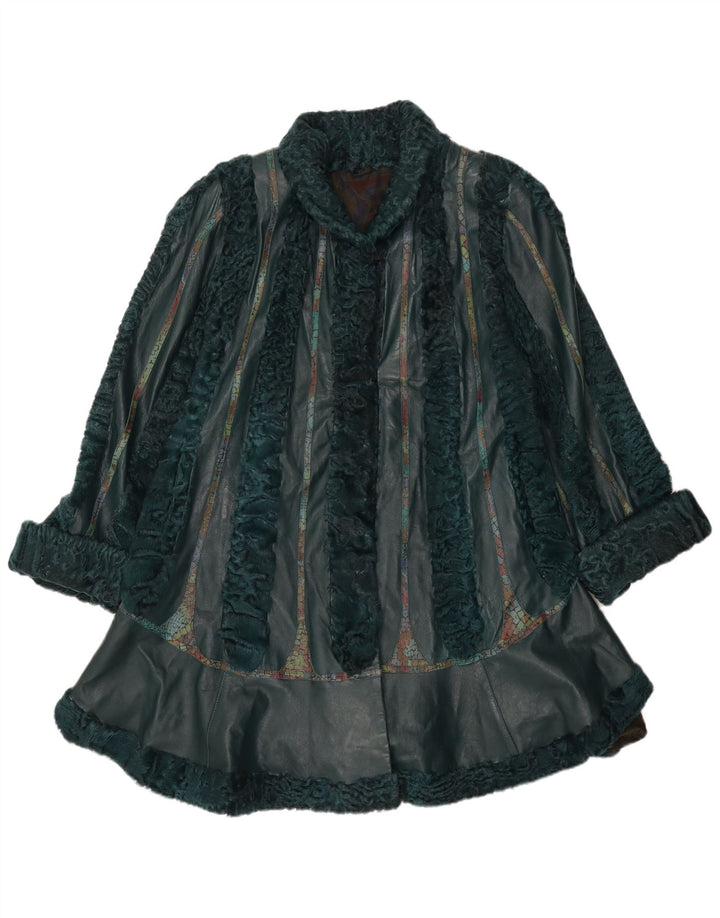 manteau en cuir de fourrure femme vintage UK 22 3XL Vert