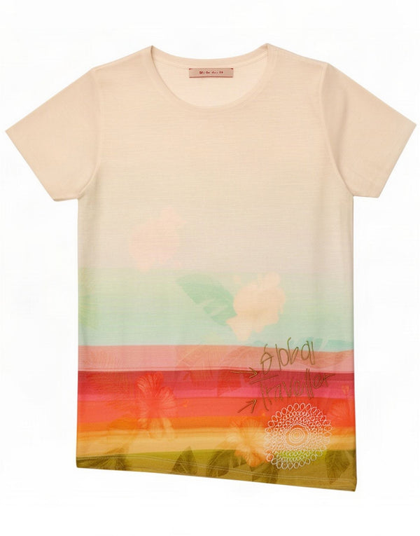 Desigual Femme Graphic T-Shirt Top UK 12 Medium Blanc Floral Polyester