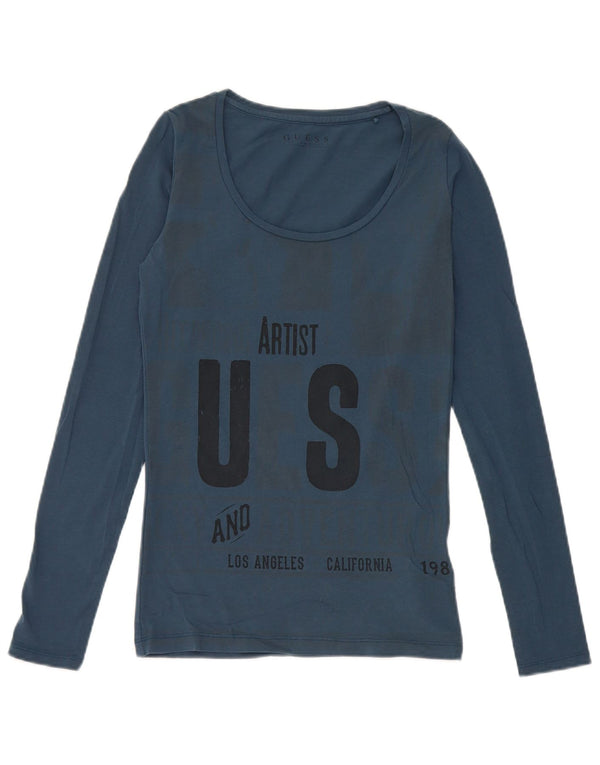 Guess Femme Artist Graphic Top Manches Longues UK 6 XS Bleu Coton