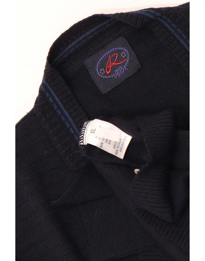 vintage Mens Graphic Cardigan Pull XL Bleu Marine Laine