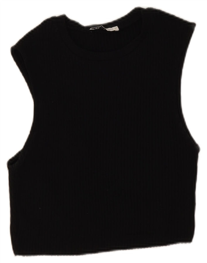 Zara Womens Crop Top sans manches UK 12 Coton noir moyen