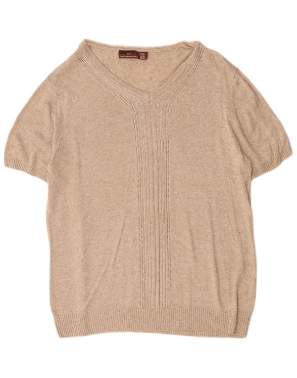 Zara Pull à manches courtes et col en V pour femme UK 18 XL Beige moucheté
