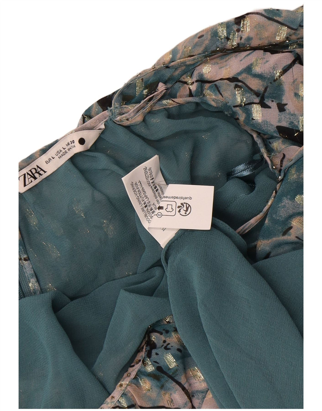 Zara Robe à volants à motif abstrait pour femme UK 16 Large Vert Polyester