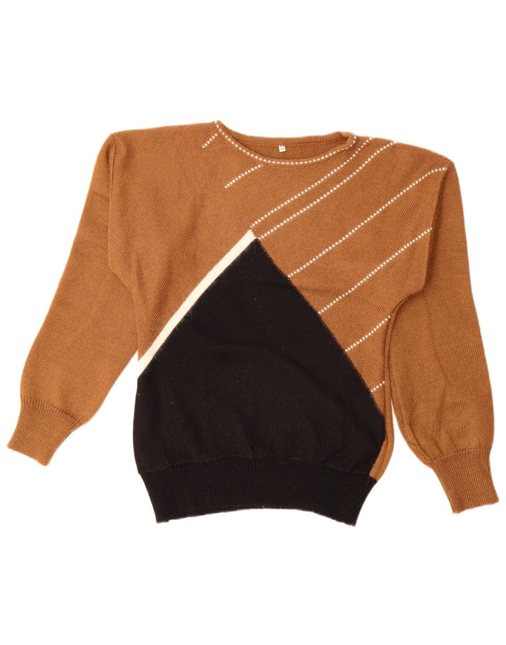 vintage Femme Boat Neck Jumper Pull EU 40 Medium Brown Colourblock